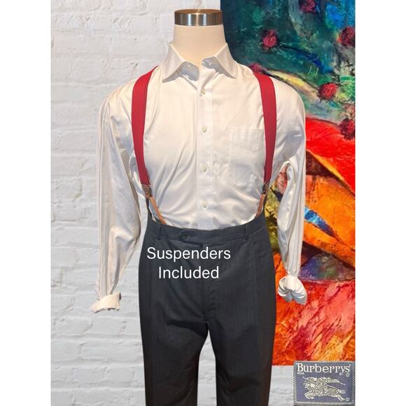 Vintage Burberry 44L 40x31 Gray 2 Piece Suit with Red Suspenders Quality - Picture 2 of 16